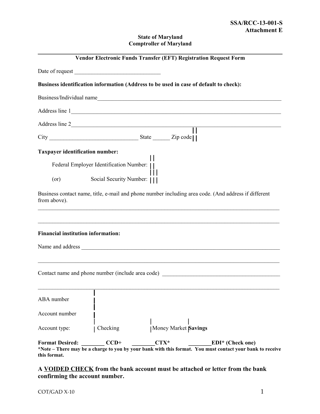 Vendor Electronic Funds Transfer (EFT) Registration Request Form