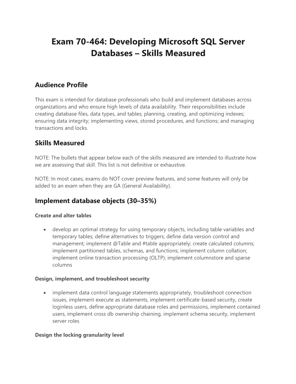 Exam 70-464: Developing Microsoft SQL Server Databases – Skills Measured