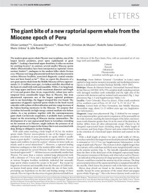 The Giant Bite of a New Raptorial Sperm Whale from the Miocene Epoch of Peru