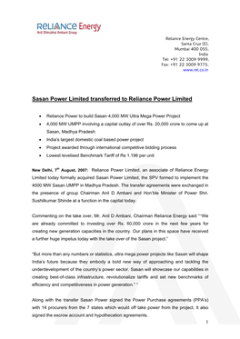 Sasan Power Limited Transferred to Reliance Power Limited