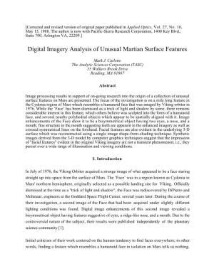 Digital Imagery Analysis of Unusual Martian Surface Features