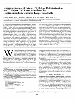 Characterization of Primary T Helper Cell Activation and T Helper Cell Lines Stimulated by Hapten-Modified, Cultured Langerhans Cells