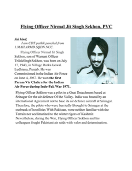 Flying Officer Nirmal Jit Singh Sekhon, PVC