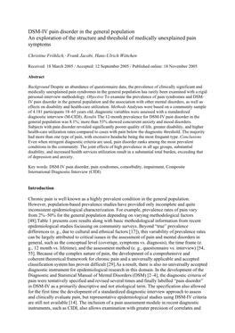 DSM-IV Pain Disorder in the General Population an Exploration of the Structure and Threshold of Medically Unexplained Pain Symptoms