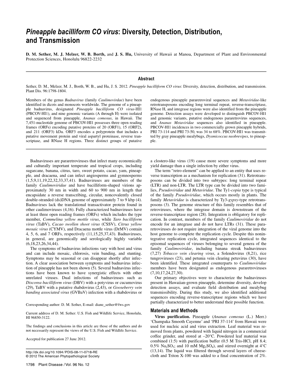 Pineapple Bacilliform CO Virus: Diversity, Detection, Distribution, and Transmission