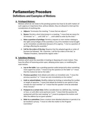 Parliamentary Procedure Definitions and Examples of Motions