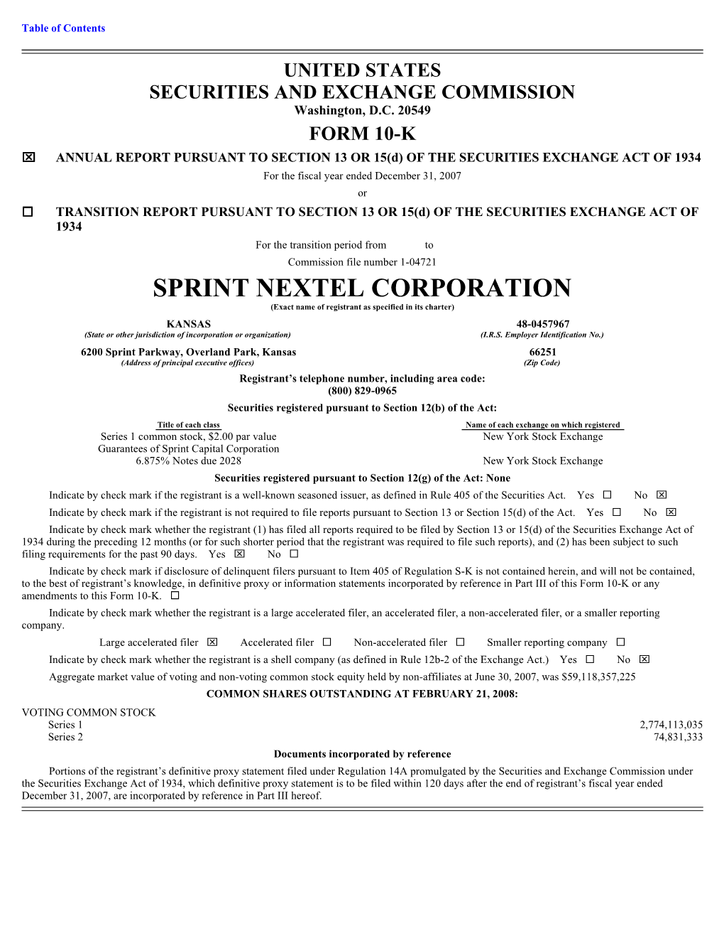 SPRINT NEXTEL CORPORATION (Exact Name of Registrant As Specified in Its Charter)