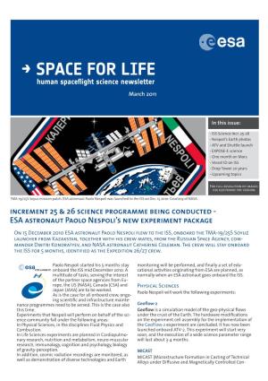 SPACE for LIFE Human Spaceflight Science Newsletter March 2011