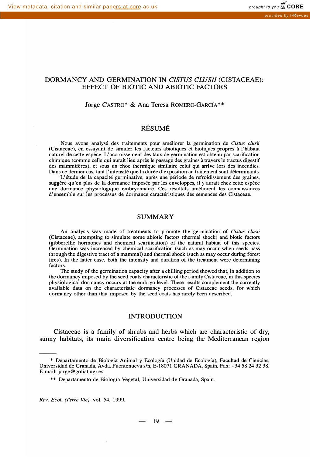 Dormancy and Germination in (Cistaceae): Effect Of