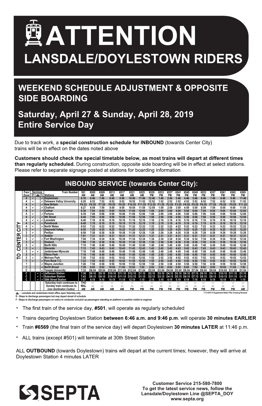 Lansdale/Doylestown Sunday Timetable April