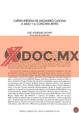 Cartas Inéditas De Alejandro Casona a Julio Y a Conchita Reyes