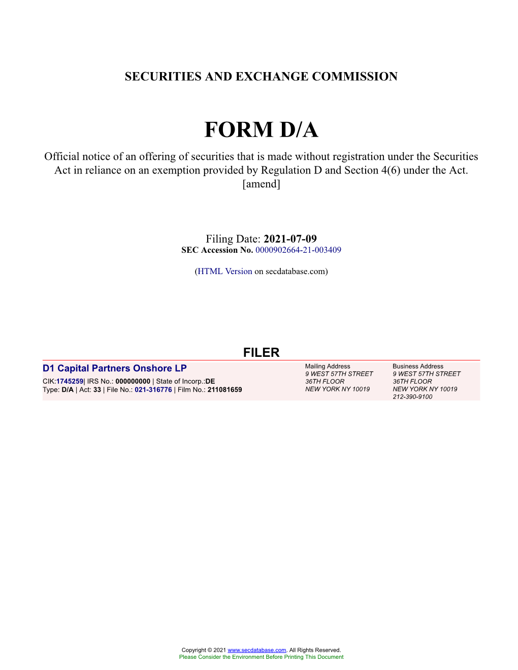 D1 Capital Partners Onshore LP Form D/A Filed 2021-07-09