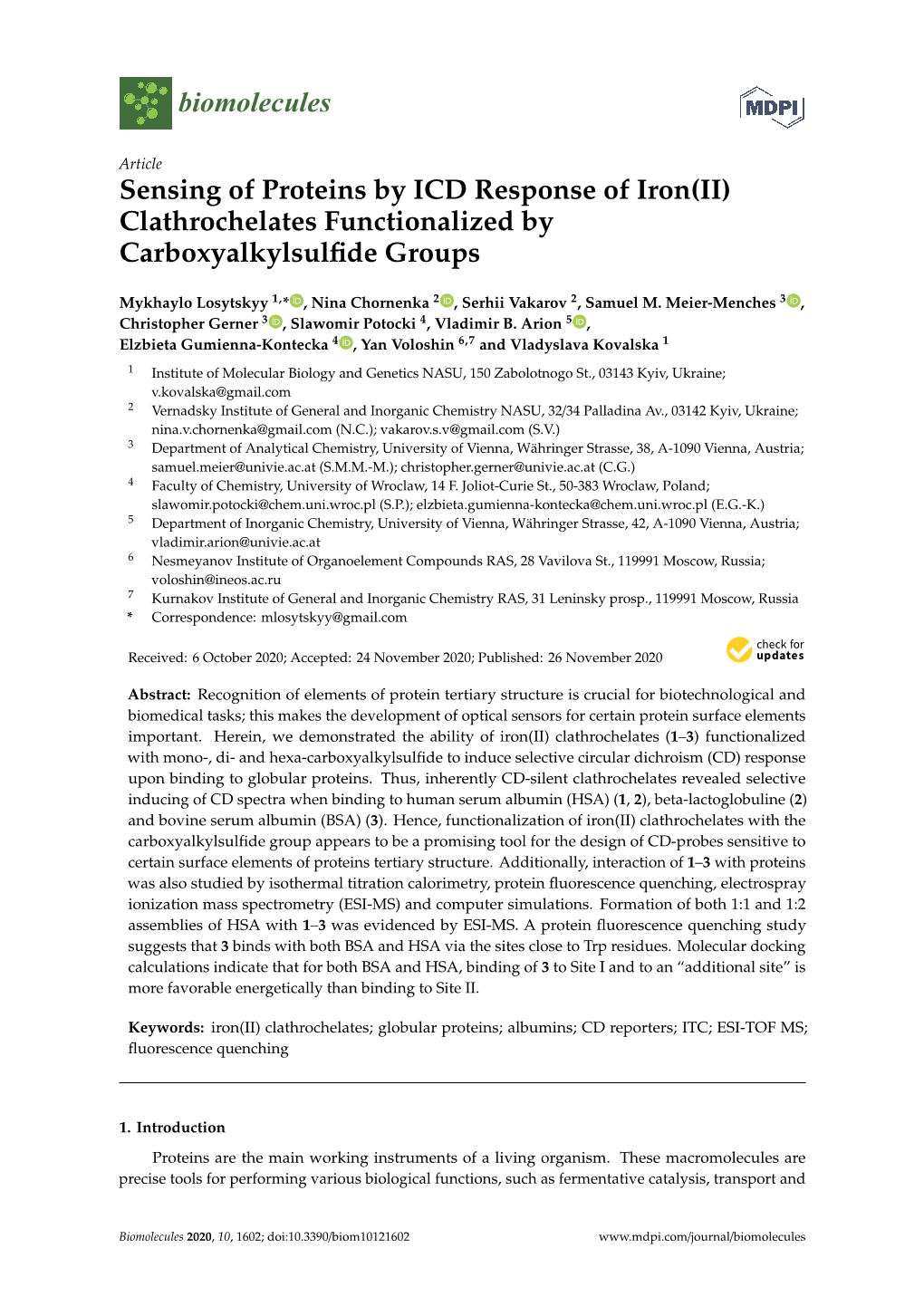 Sensing of Proteins by ICD Response of Iron(II) Clathrochelates Functionalized by Carboxyalkylsulﬁde Groups