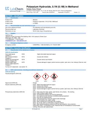 Potassium Hydroxide, 0.1N (0.1M) in Methanol Safety Data Sheet According to Federal Register / Vol