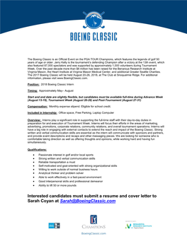 Interested Candidates Must Submit a Resume and Cover Letter to Sarah Coyan at Sarah@Boeingclassic.Com