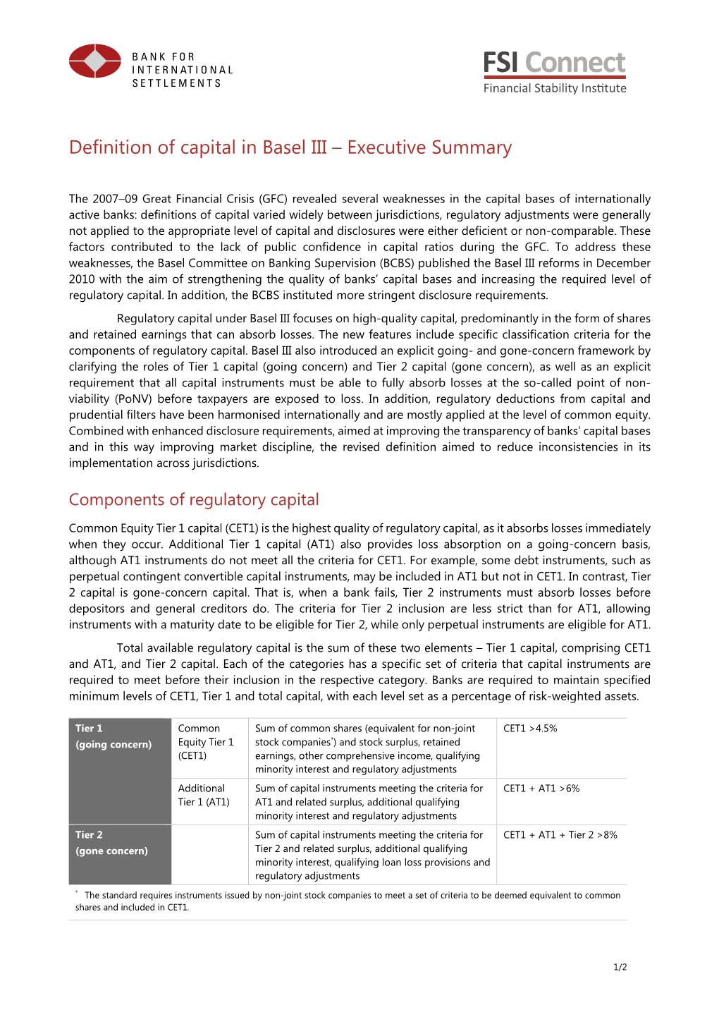 Definition of Capital in Basel III – Executive Summary