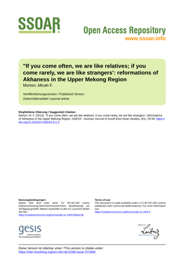 If You Come Often, We Are Like Relatives; If You Come Rarely, We Are Like Strangers': Reformations of Akhaness in the Upper Mekong Region Morton, Micah F