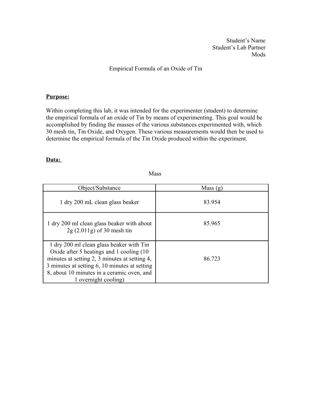 Empirical Formula of an Oxide of Tin