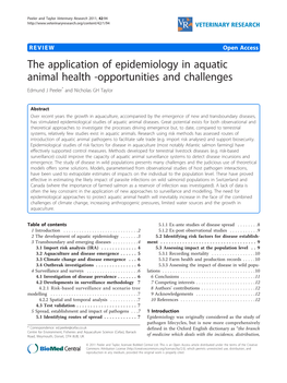 The Application of Epidemiology in Aquatic Animal Health -Opportunities and Challenges Edmund J Peeler* and Nicholas GH Taylor