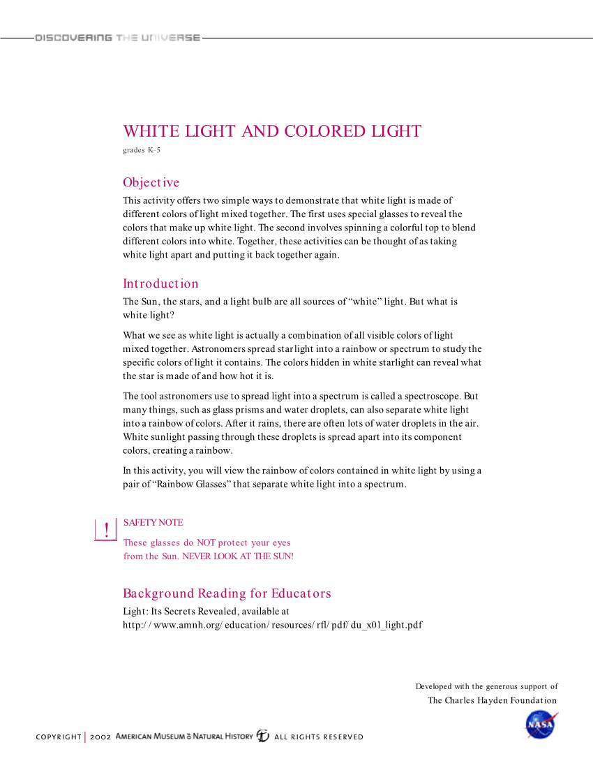 WHITE LIGHT and COLORED LIGHT Grades K–5