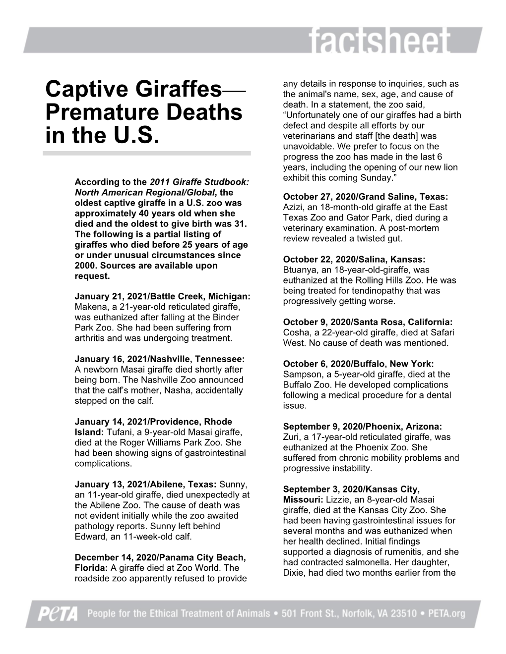 Captive Giraffes— Premature Deaths in the U.S