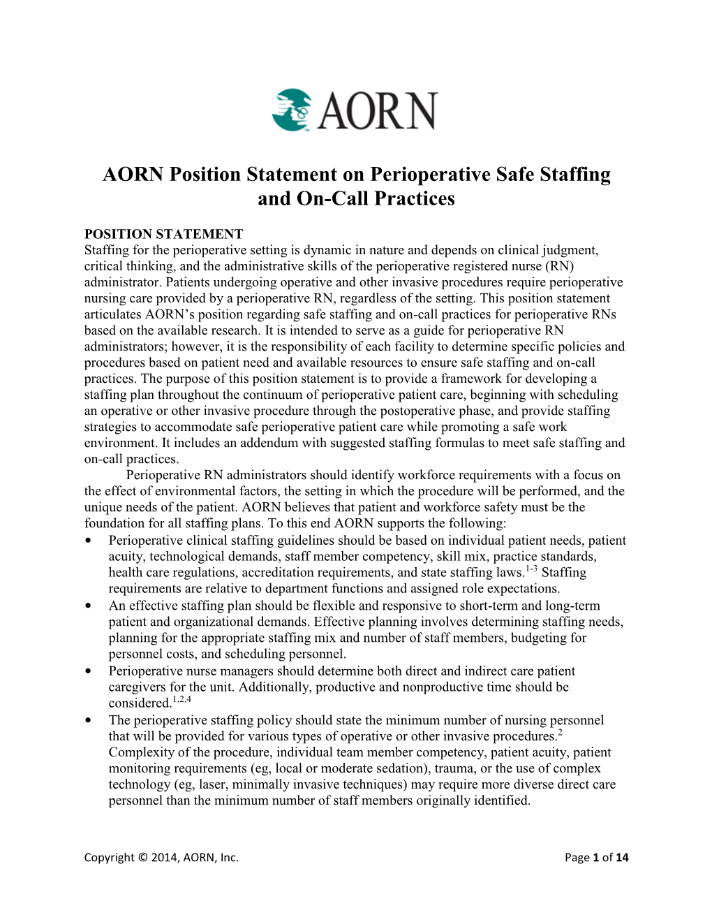 AORN Position Statement for Safe Staffing and On-Call Practices