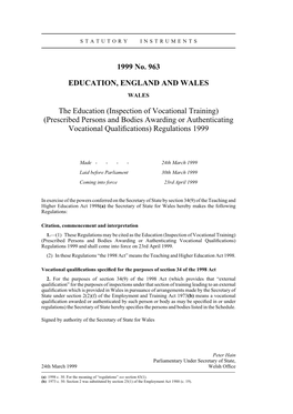 1999 No. 963 EDUCATION, ENGLAND and WALES the Education (Inspection of Vocational Training) (Prescribed Persons and Bodies Award