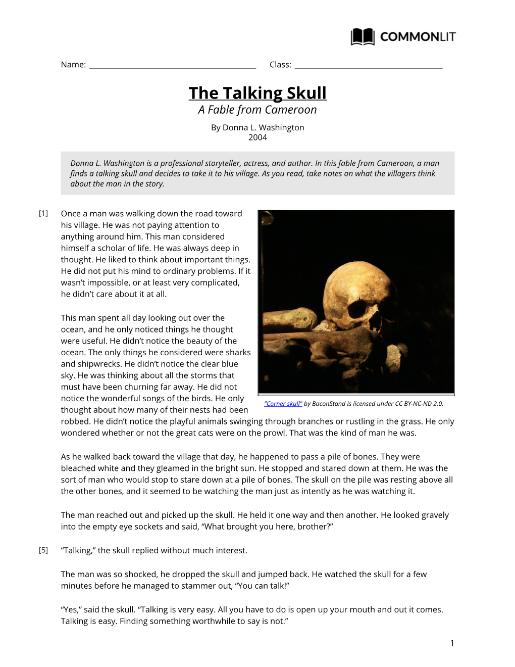 Commonlit | the Talking Skull