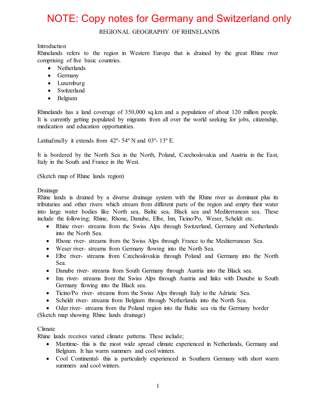 Copy Notes for Germany and Switzerland Only REGIONAL GEOGRAPHY of RHINELANDS