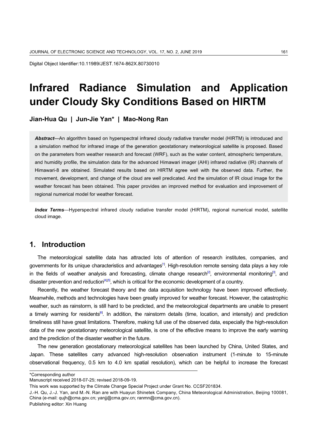 Infrared Radiance Simulation and Application Under Cloudy Sky Conditions Based on HIRTM