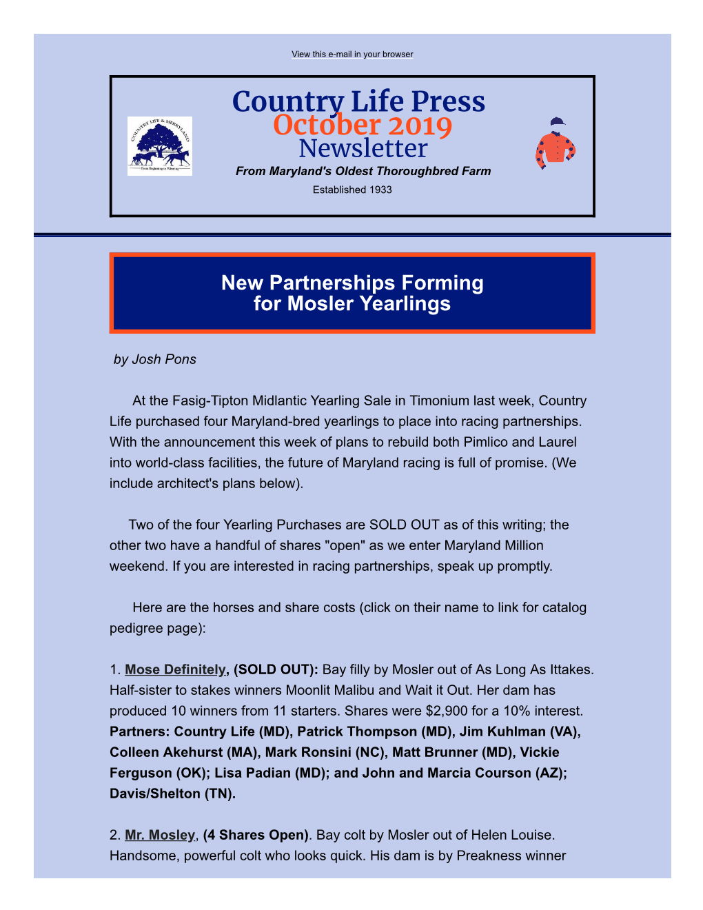 October 2019 Newsletter from Maryland's Oldest Thoroughbred Farm Established 1933