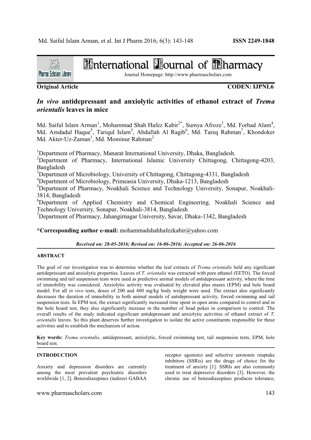 In Vivo Antidepressant and Anxiolytic Activities of Ethanol Extract of Trema Orientalis Leaves in Mice