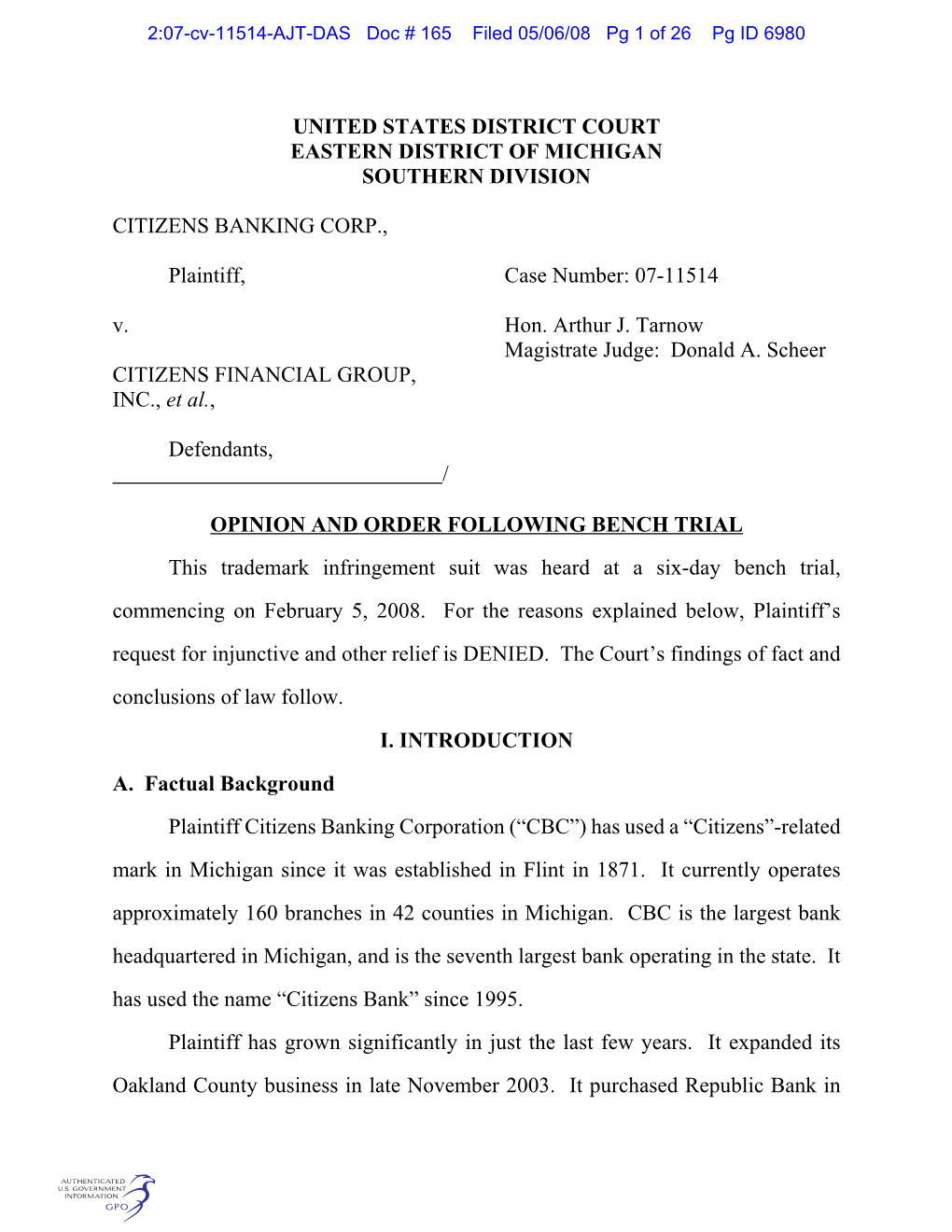 2:07-Cv-11514-AJT-DAS Doc # 165 Filed 05/06/08 Pg 1 of 26 Pg ID 6980