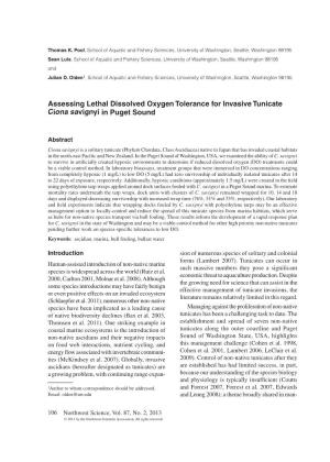 Assessing Lethal Dissolved Oxygen Tolerance for Invasive Tunicate Ciona Savignyi in Puget Sound