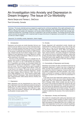 An Investigation Into Anxiety and Depression in Dream Imagery: the Issue of Co-Morbidity Alexis Serpe and Teresa L