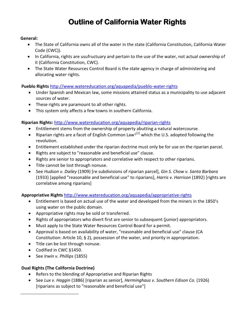 Outline of California Water Rights