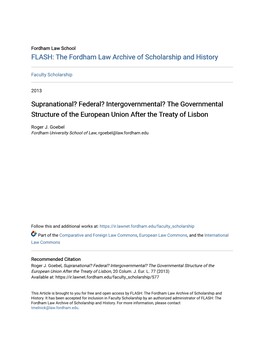 Supranational? Federal? Intergovernmental? the Governmental Structure of the European Union After the Treaty of Lisbon