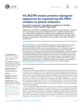 H3.3K27M Mutant Proteins Reprogram Epigenome by Sequestering The