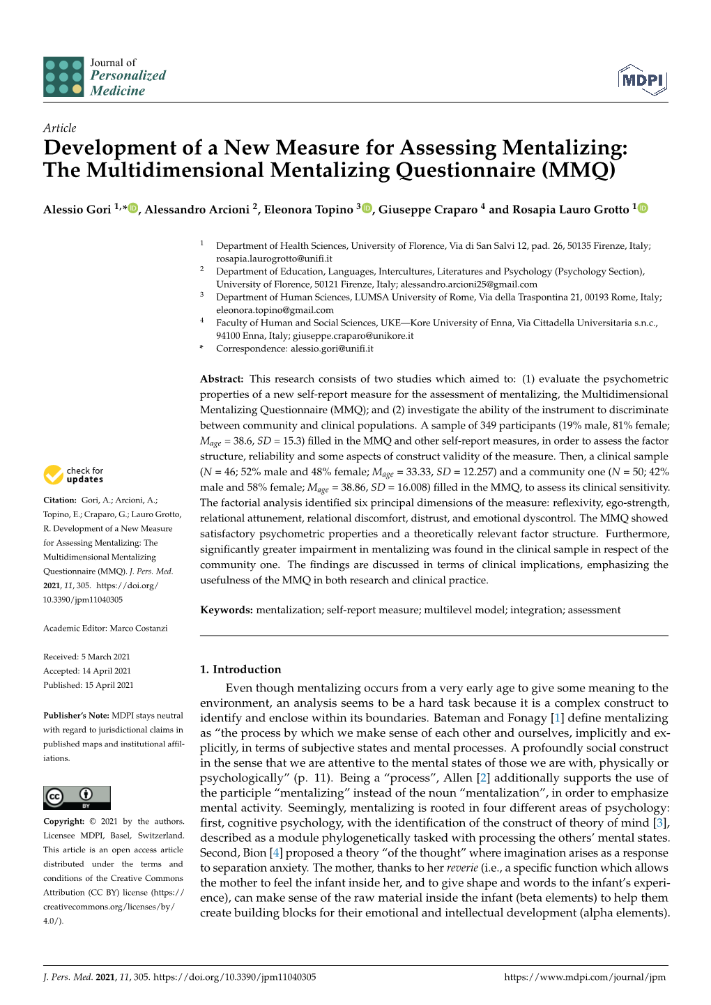 Development of a New Measure for Assessing Mentalizing: the Multidimensional Mentalizing Questionnaire (MMQ)