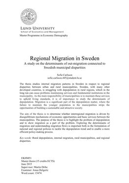 Regional Migration in Sweden a Study on the Determinants of Out-Migration Connected to Swedish Municipal Disparities