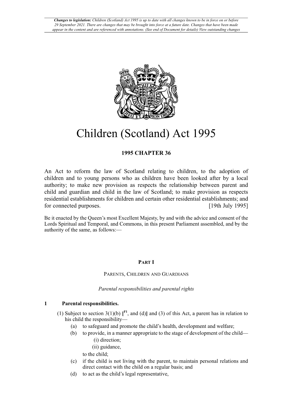 Children (Scotland) Act 1995 Is up to Date with All Changes Known to Be in Force on Or Before 29 September 2021