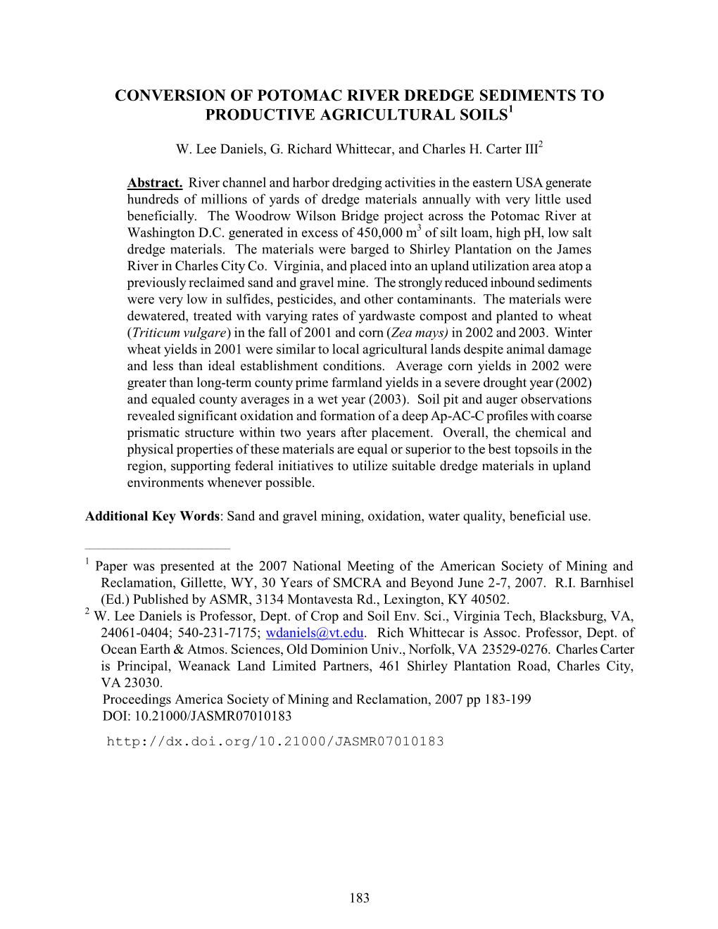 Conversion of Potomac River Dredge Sediments to Productive Agricultural Soils1