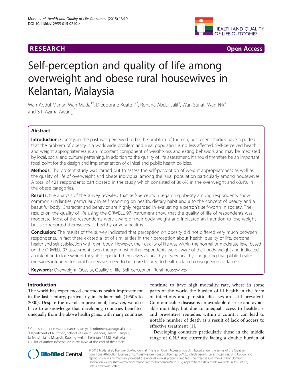 Self-Perception and Quality of Life Among Overweight and Obese Rural