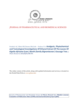 And Toxicological Investigations of Ethanol Extract of the Leaves of Kigelia Africana (Lam.) Benth (Family Bignoniaceae )-Sausage Tree