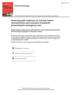 Poisoning with Malicious Or Criminal Intent: Characteristics and Outcome of Patients Presenting for Emergency Care