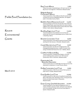 Fields Pond Foundation Inc. Recent Environmental Grants