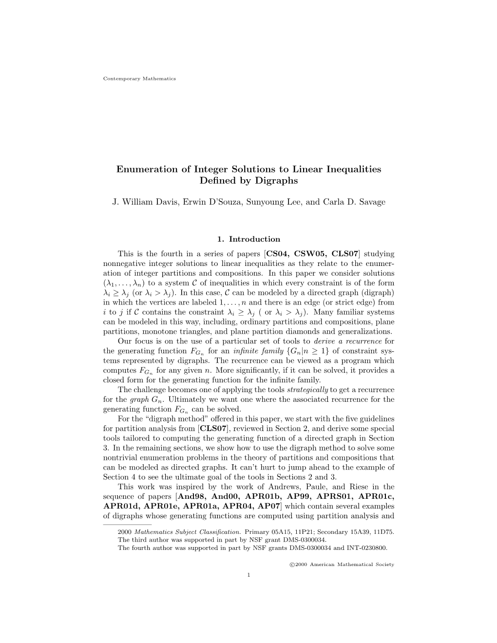 Enumeration of Integer Solutions to Linear Inequalities Defined by Digraphs3