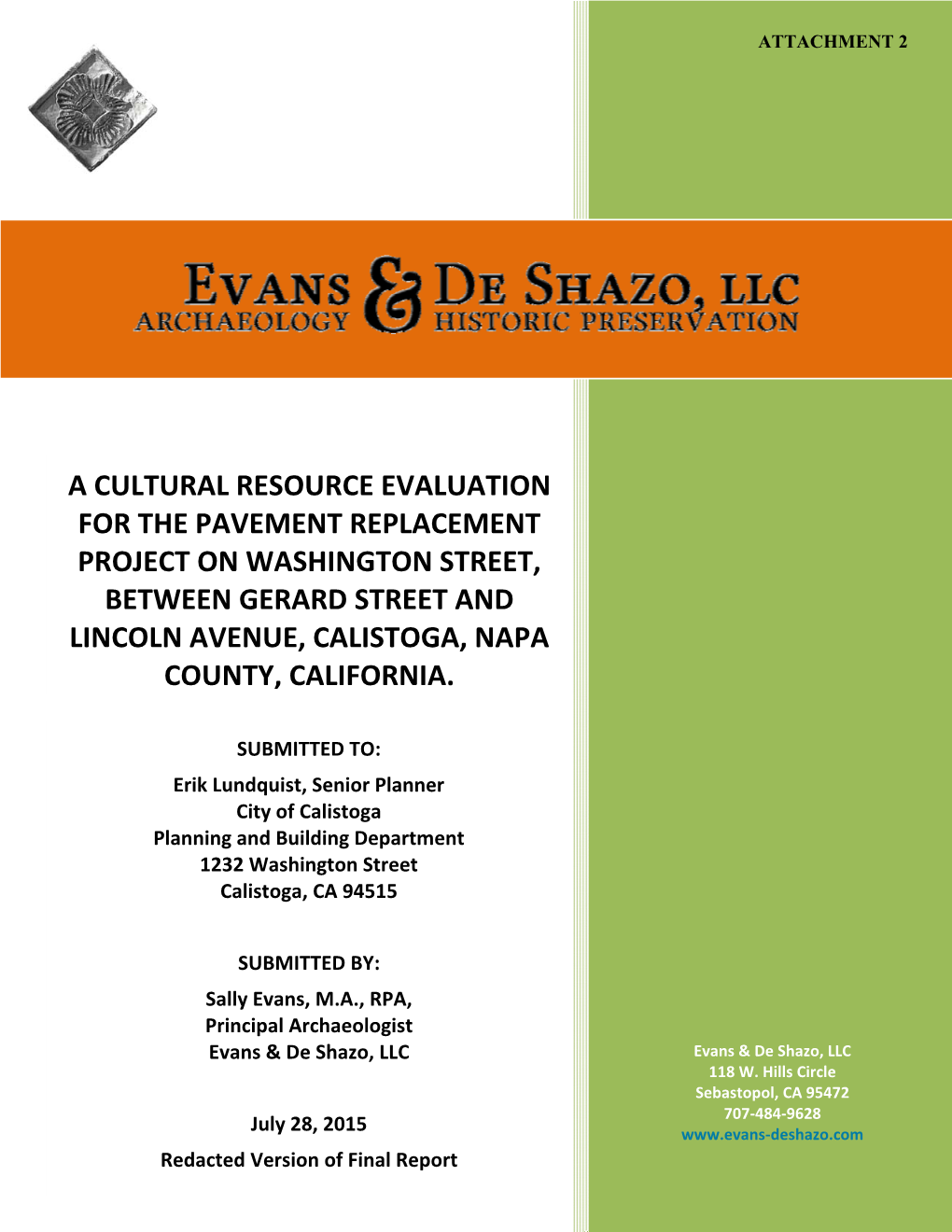 A Cultural Resource Evaluation for the Pavement Replacement Project on Washington Street