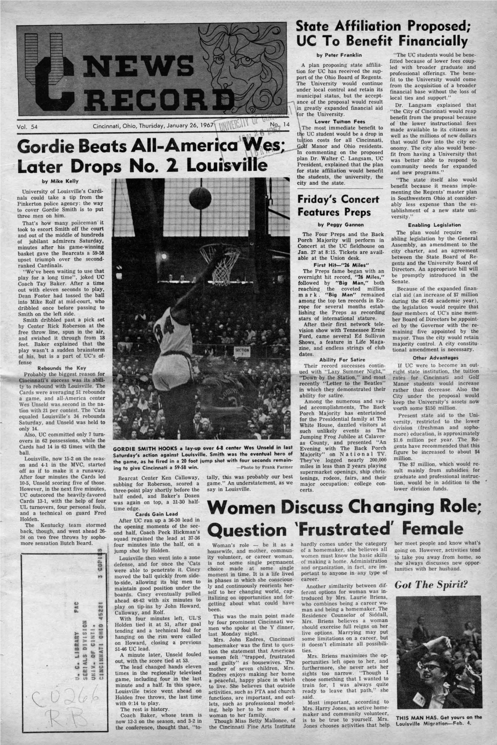 University of Cincinnati News Record. Thursday, January 26, 1967. Vol