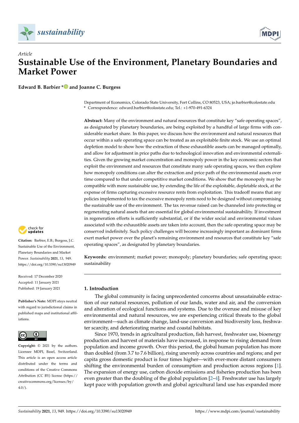 Sustainable Use of the Environment, Planetary Boundaries and Market Power